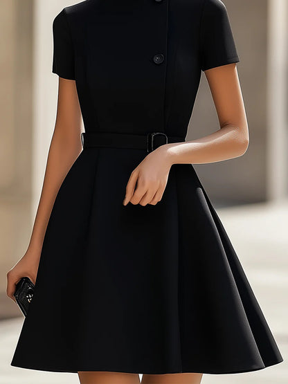 Elegant Black High-Neck Dress with Belted Waist