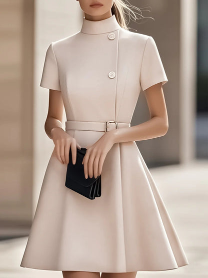Elegant Black High-Neck Dress with Belted Waist