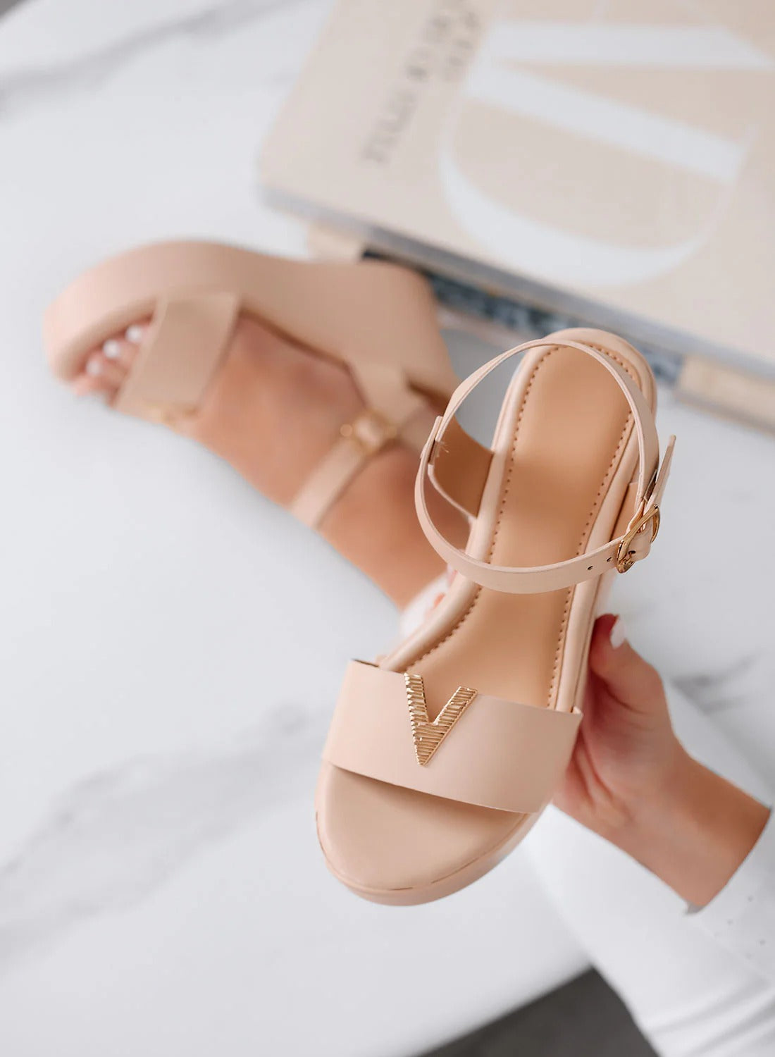 Wedge Sandals with gold V detail