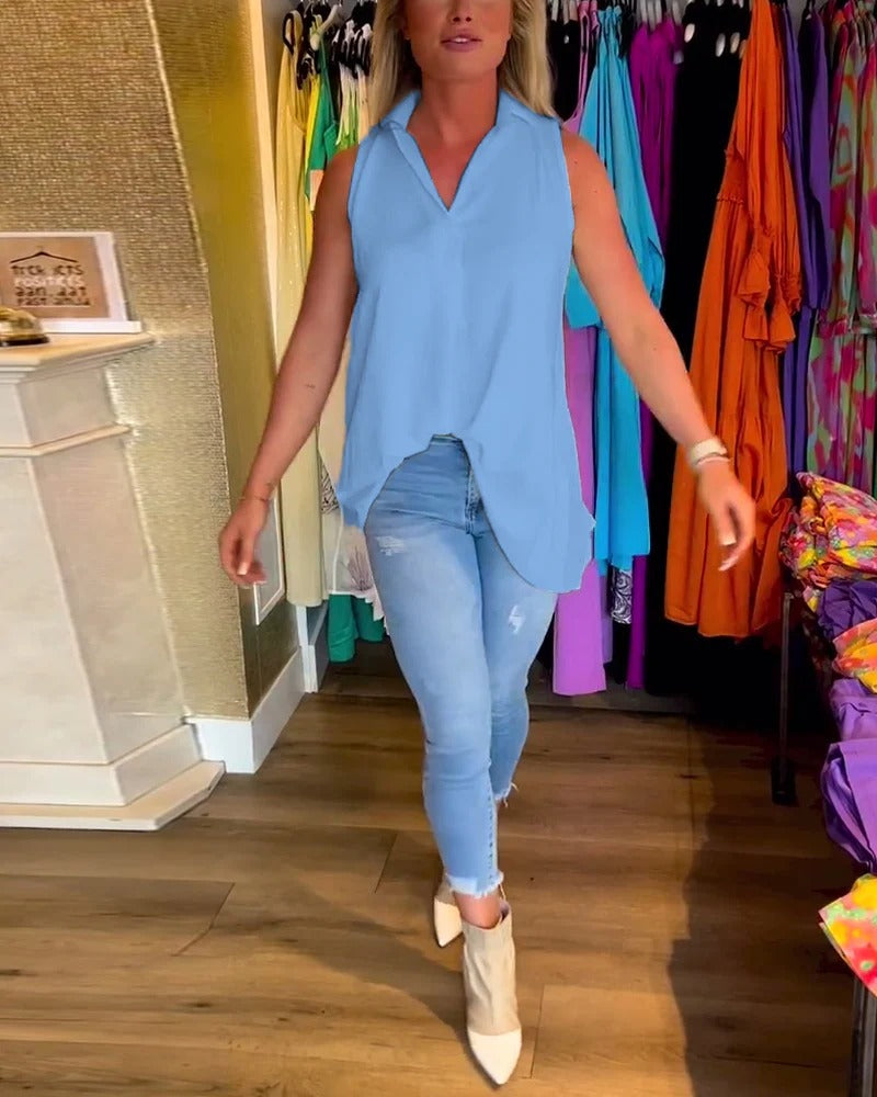 Sleeveless Top with Ruffles and Lapel