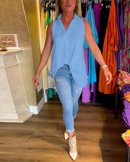 Sleeveless Top with Ruffles and Lapel