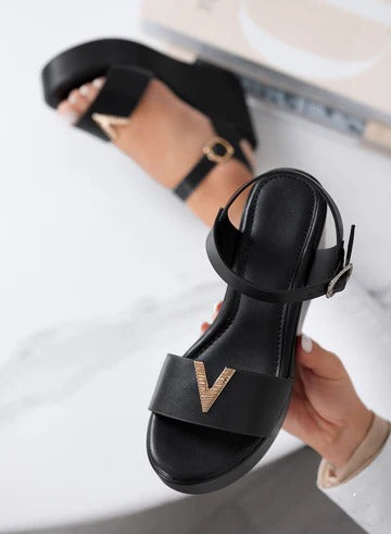 Wedge Sandals with gold V detail