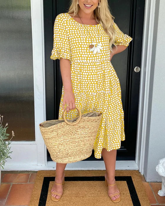 Polka Dot Round Neck Midi Dress