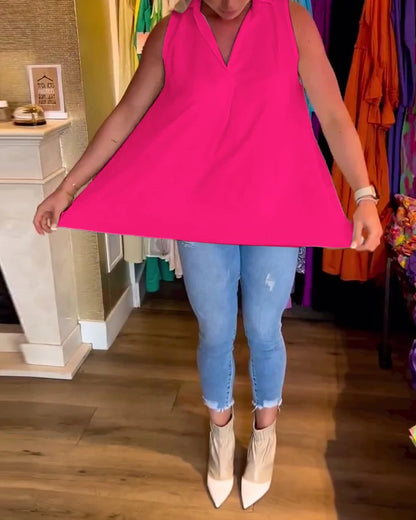 Sleeveless Top with Ruffles and Lapel