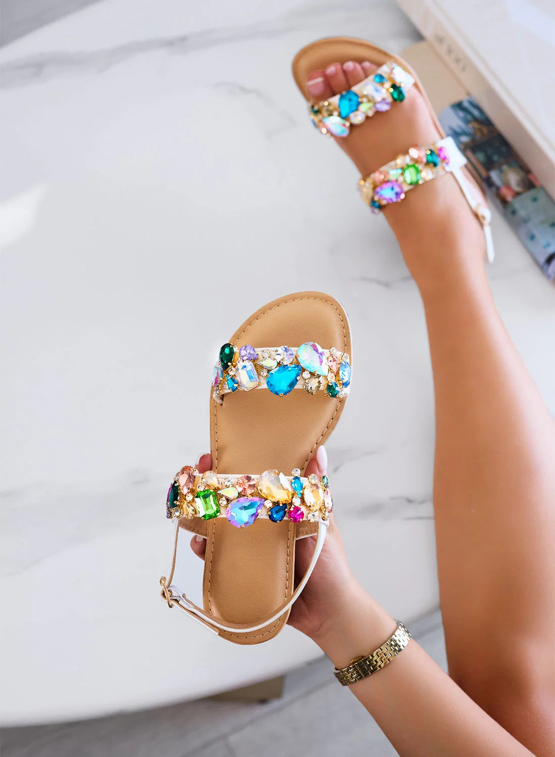 Low Sandals with Jewel Stones and Strap