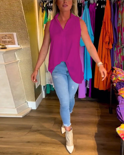 Sleeveless Top with Ruffles and Lapel