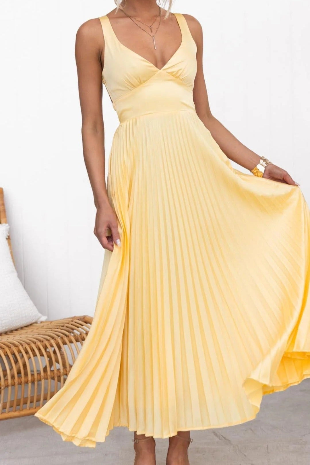 Yellow Pleated V-Neck Maxi Dress
