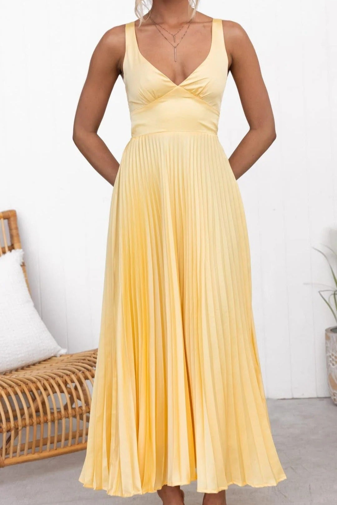 Yellow Pleated V-Neck Maxi Dress