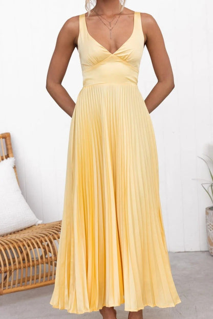 Yellow Pleated V-Neck Maxi Dress