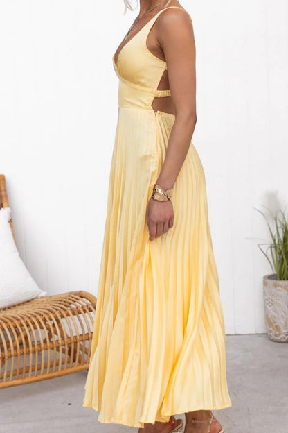 Yellow Pleated V-Neck Maxi Dress