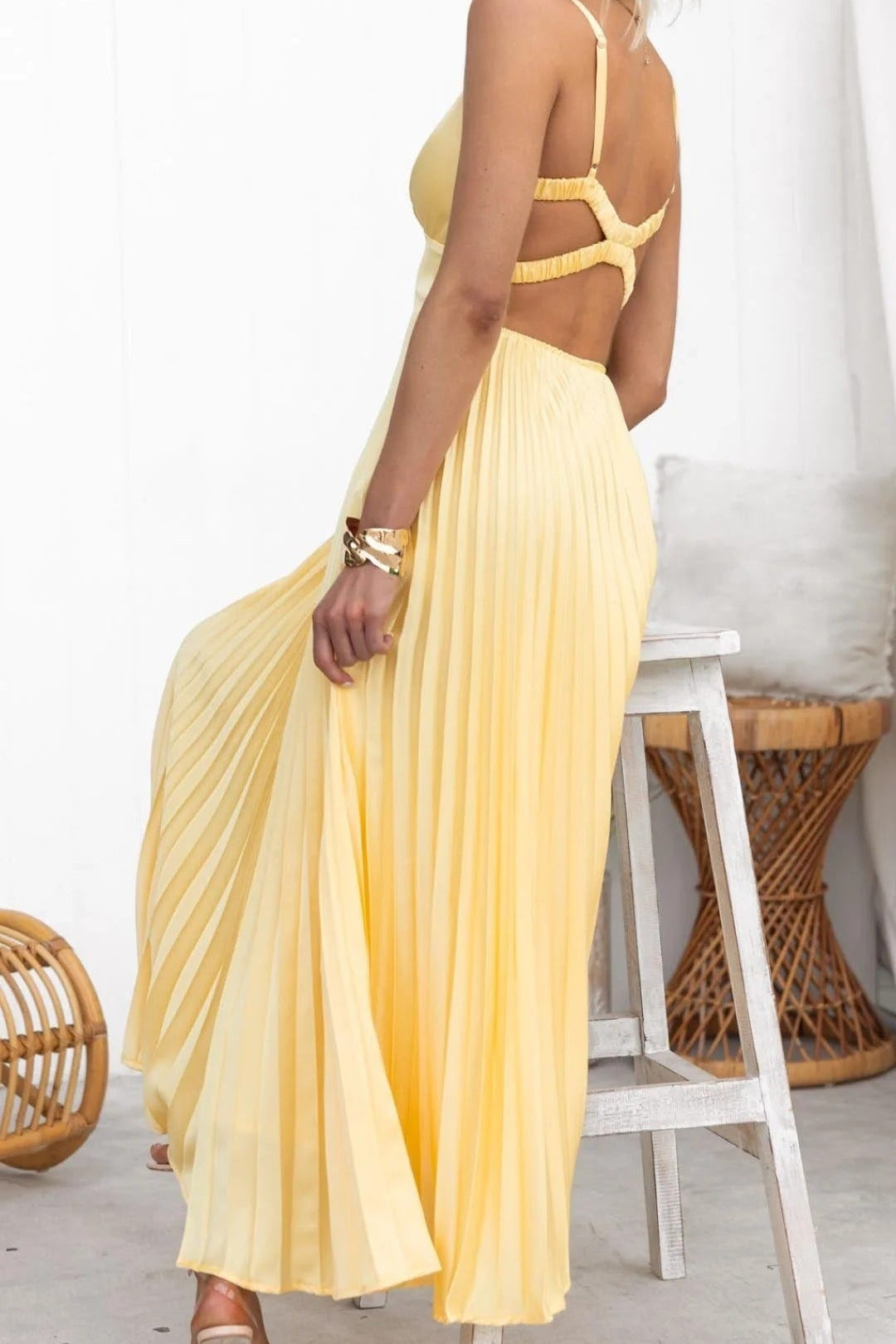 Yellow Pleated V-Neck Maxi Dress