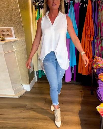 Sleeveless Top with Ruffles and Lapel