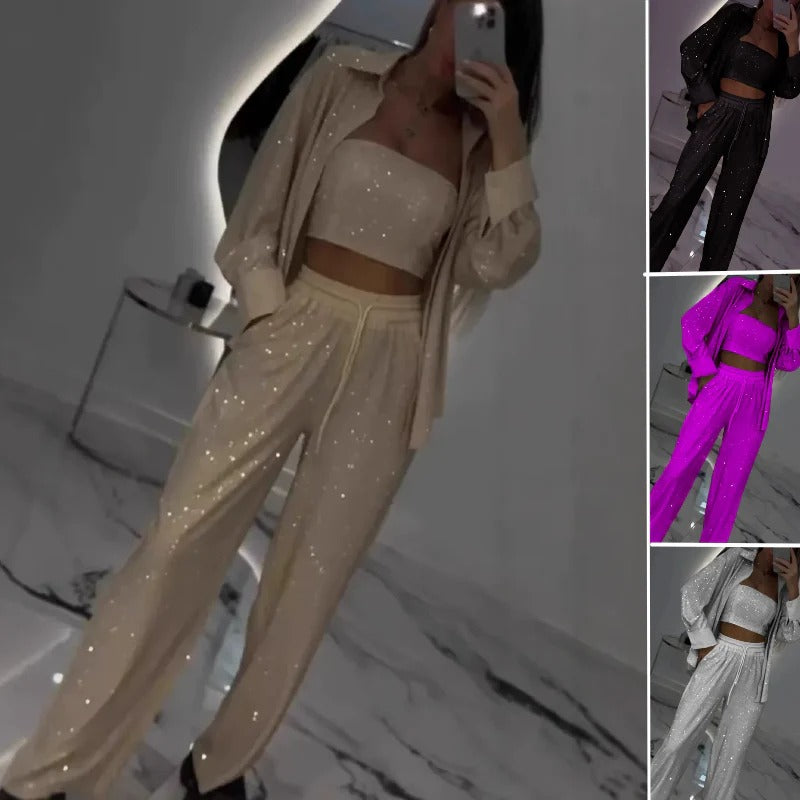 Sequin Blazer and Wide Leg Pants (3-piece Set)