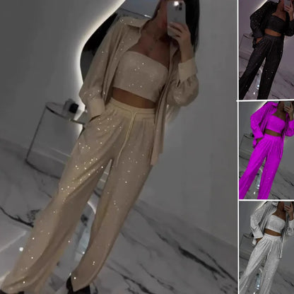 Sequin Blazer and Wide Leg Pants (3-piece Set)