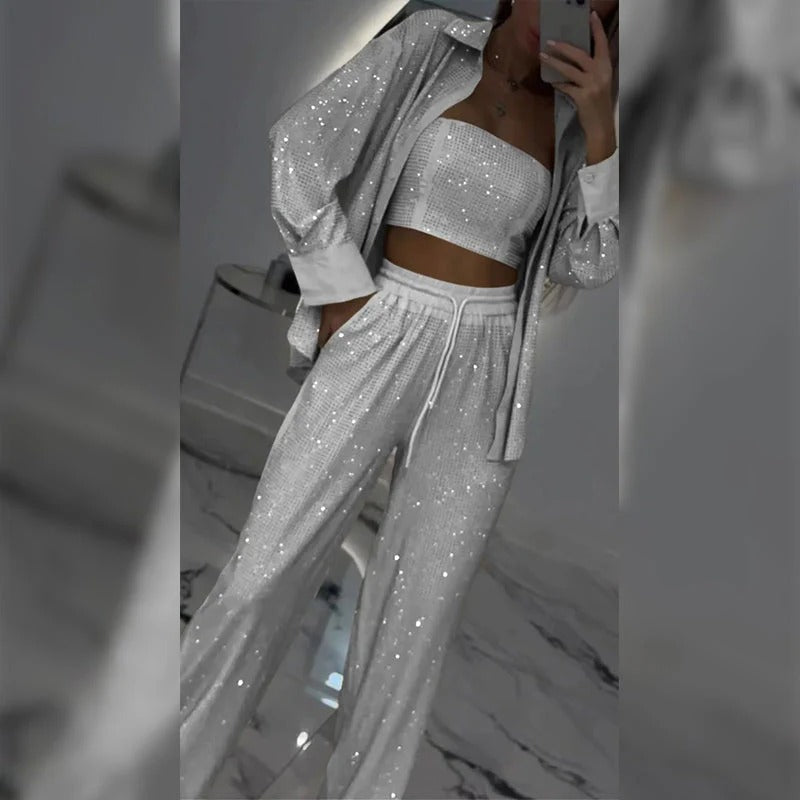 Sequin Blazer and Wide Leg Pants (3-piece Set)